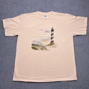 Vintage Tee Jays Lighthouse Beach T-Shirt Mens XL Beige Cotton Short Sleeve 1999
